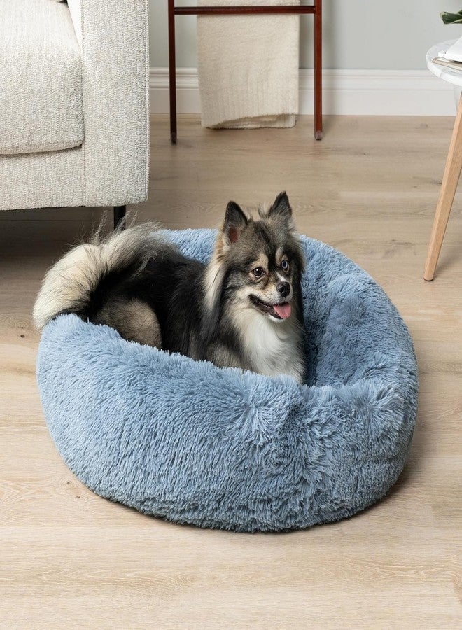 D&C PAWS سرير D&C PAWS Calming Donut للكلاب الصغيرة والمتوسطة الحجم والقطط - سرير دائري فاخر مع فرو صناعي، غطاء قابل للغسل، قاعدة مانعة للانزلاق، وسادة مريحة للحيوانات الأليفة (أزرق ترابي - صغير) - Image 2
